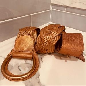 Linea Pelle Wide Braided Belt, Leather, Metallic Rose Gold Copper, Size M